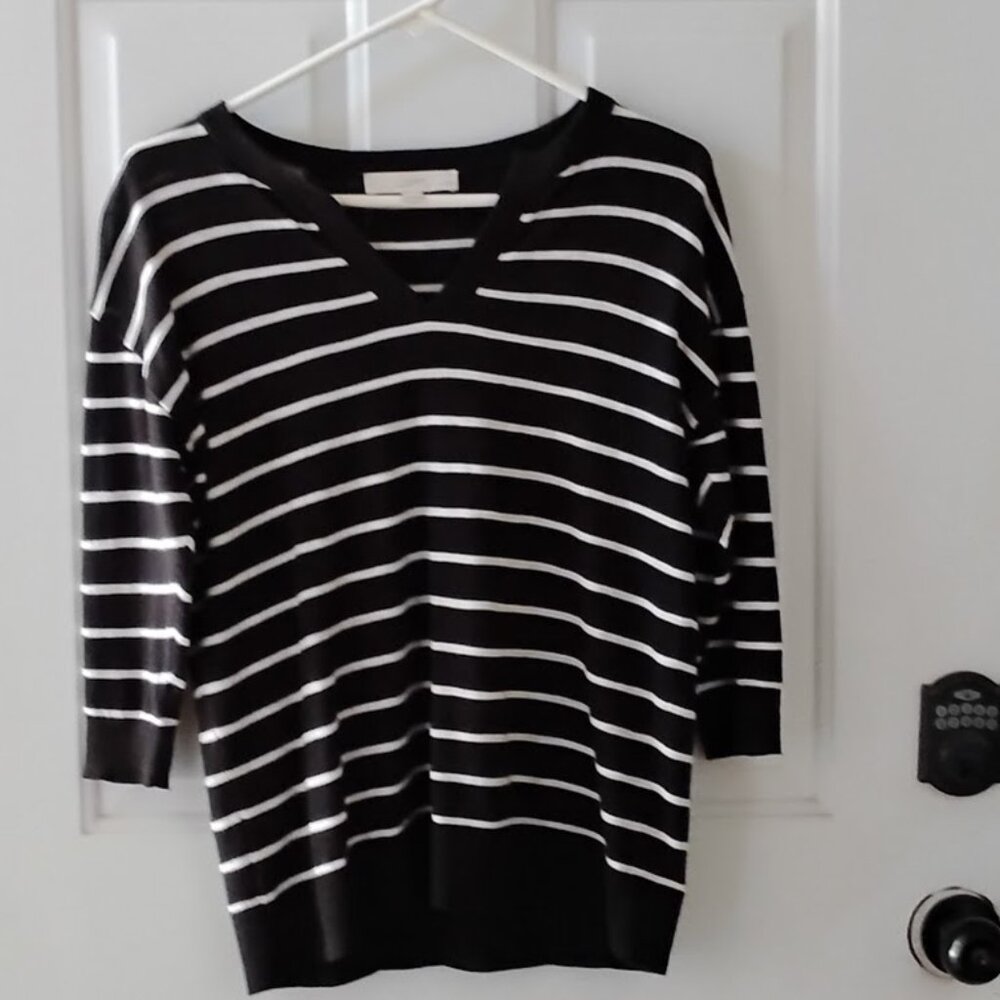 Loft Black and White striped Petite V-neck sweater